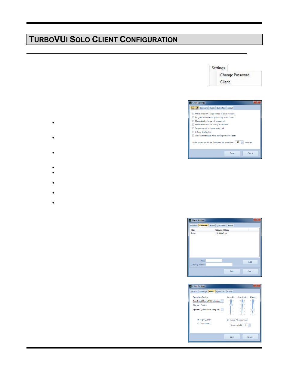Turbovui solo client configuration, Settings menu, Change password | Client, General tab, Gateways tab, Audio tab, Settings, Urbo, Lient | CTI Products TurboVUi Solo Client Software User Manual | Page 6 / 12