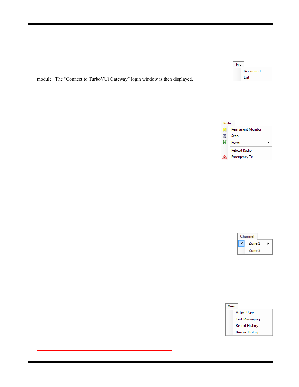 Enus, File menu, Radio menu | Channel menu, View menu, Turbovui solo user guide | CTI Products TurboVUi Solo Client Software User Manual | Page 10 / 16