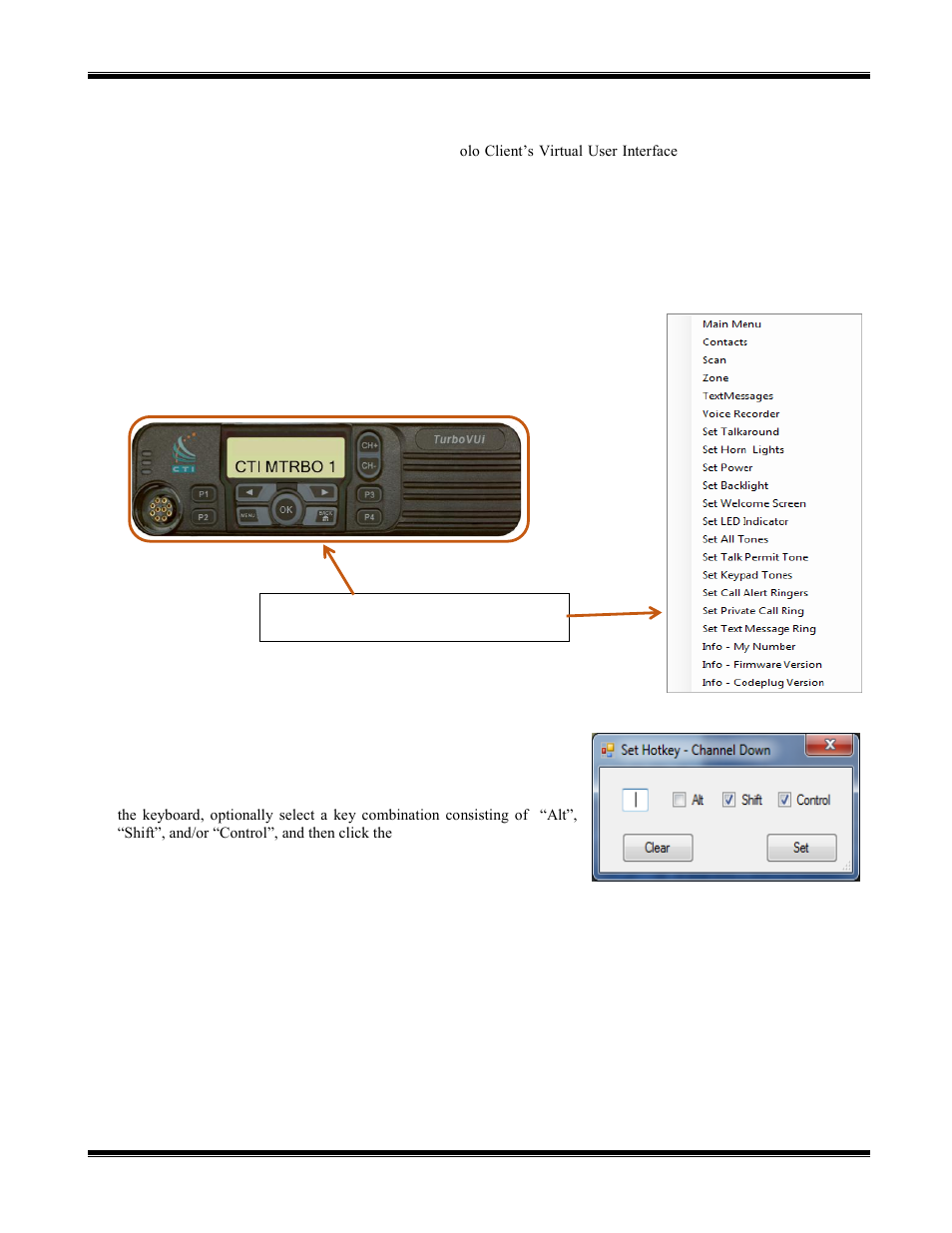 Radio virtual user interface (vui), Quick access radio menu, Hotkeys | Turbovui solo user guide | CTI Products TurboVUi Solo Client Software User Manual | Page 9 / 16