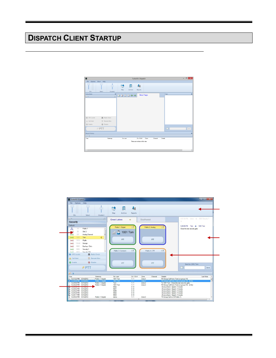 Dispatch client startup, Start the turbovui dispatch client software, Panels | Tart the, Urbo, Ispatch, Lient, Oftware | CTI Products TurboVUi Dispatch Client Software User Manual | Page 12 / 48