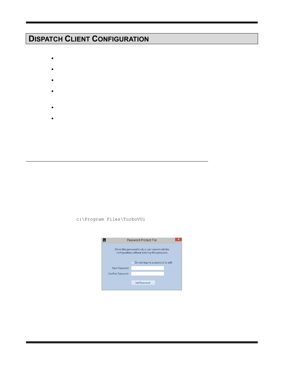 Dispatch client configuration, Administrator password, Create an administrator password | Dministrator, Assword, Ispatch, Lient, Onfiguration | CTI Products TurboVUi Dispatch Client Software User Manual | Page 13 / 48