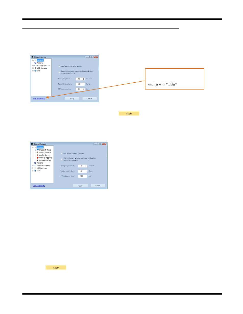 Dispatch settings, General folder, Lock select/unselect channels | Emergency timeout, Recent history items, Ptt debounce time, Ispatch, Ettings | CTI Products TurboVUi Dispatch Client Software User Manual | Page 19 / 48