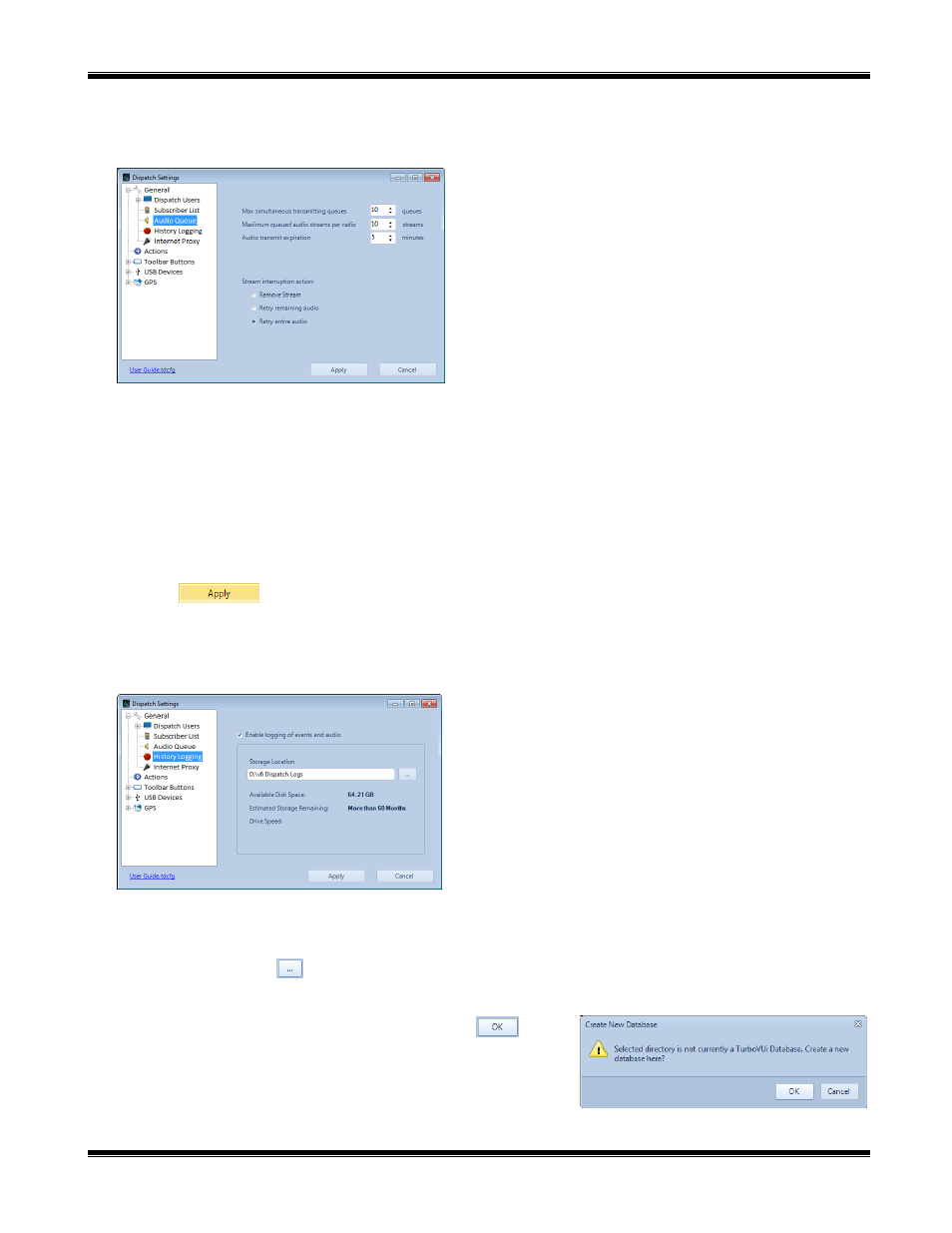 Audio queue sub-folder, Max simultaneous transmitting queues, Max queued audio streams per radio | Audio transmit expiration, Stream interruption action, History logging sub-folder, Enable logging of events and audio, Storage location | CTI Products TurboVUi Dispatch Client Software User Manual | Page 21 / 48