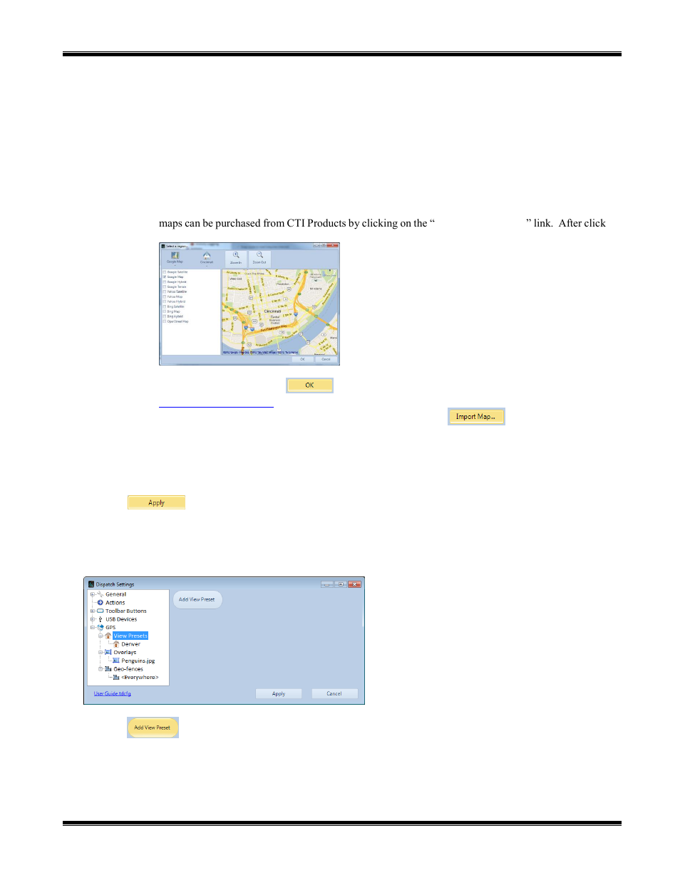 Keep . . . minutes of location history, Subscriber visibility, Map mode | Initially selected map, Maps to use, View presets sub-folder | CTI Products TurboVUi Dispatch Client Software User Manual | Page 26 / 48