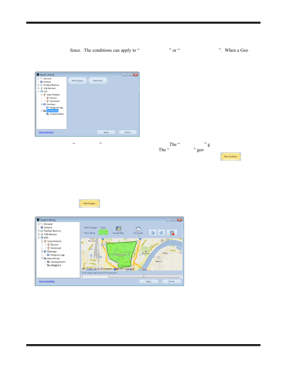 Geo-fences sub-folder, Geo-fence types, Polygon geo-fence | Pan and zoom, Show polygon, Show name | CTI Products TurboVUi Dispatch Client Software User Manual | Page 28 / 48