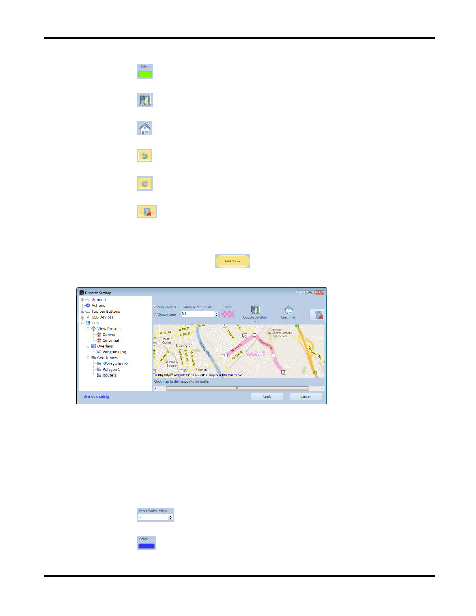 Color, Map type, View preset | Undo, Redo, Remove all points, Route geo-fence, Pan and zoom, Show route, Show name | CTI Products TurboVUi Dispatch Client Software User Manual | Page 29 / 48