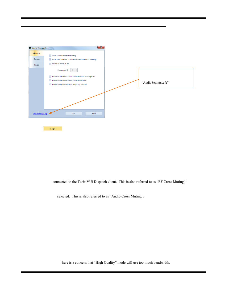 Audio presets, General tab, Mute audio when transmitting | Enable pc cross mute, Intercom audio uses select/unselect volume, Intercom audio uses radio talk group volume, Audio quality, Udio, Resets | CTI Products TurboVUi Dispatch Client Software User Manual | Page 31 / 48