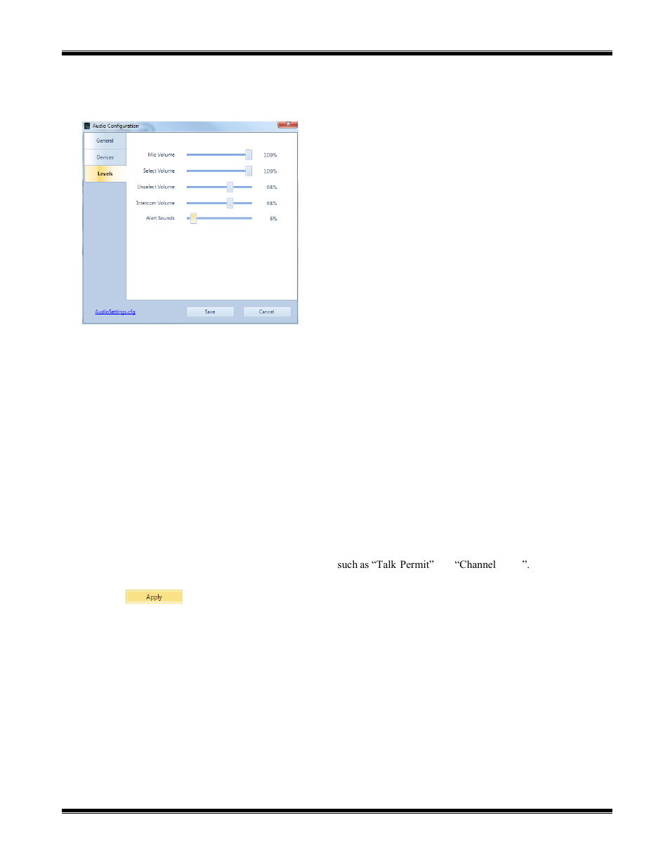 Levels tab, Mic volume, Select volume | Unselect volume, Intercom volume, Alert sounds | CTI Products TurboVUi Dispatch Client Software User Manual | Page 33 / 48