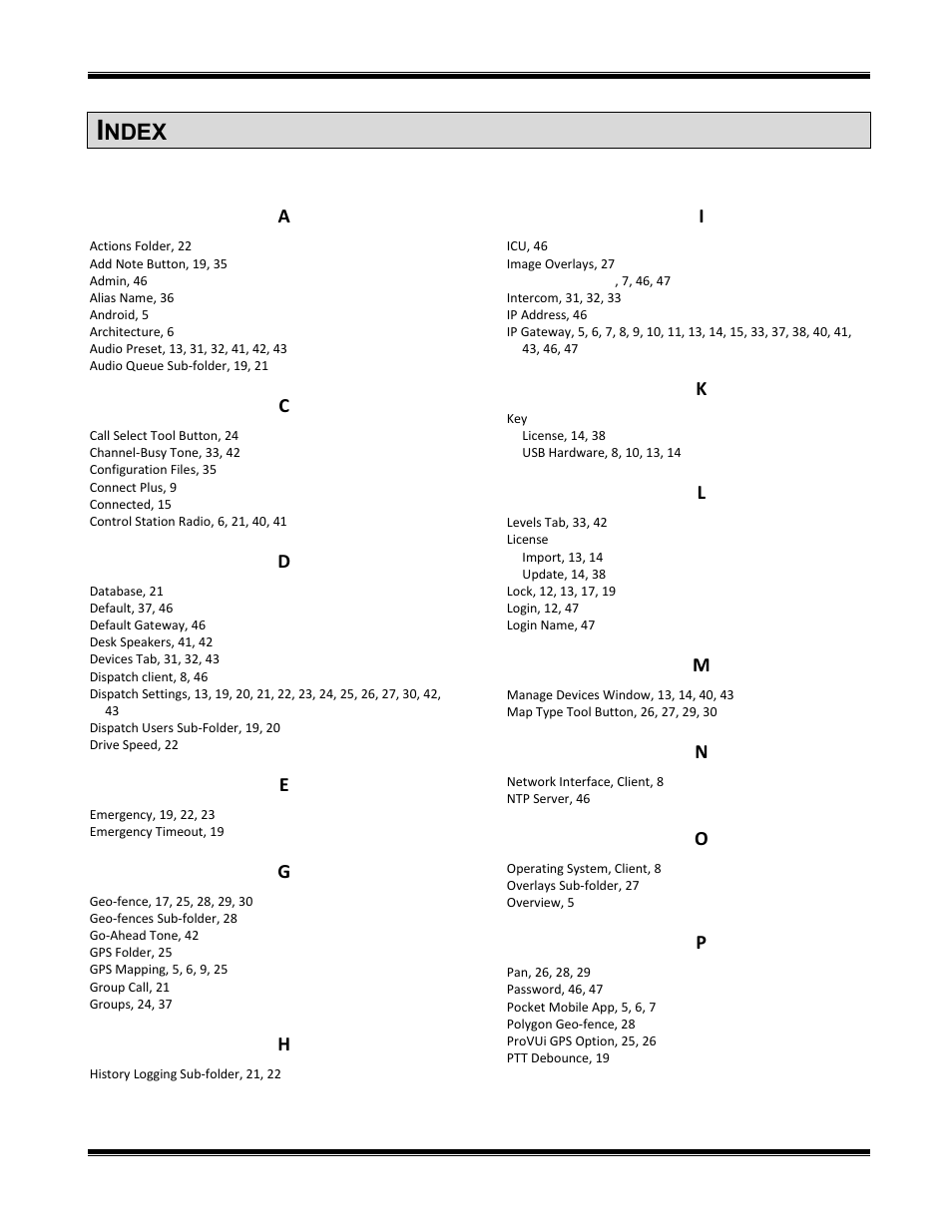 Index, Ndex | CTI Products TurboVUi Dispatch Client Software User Manual | Page 44 / 48