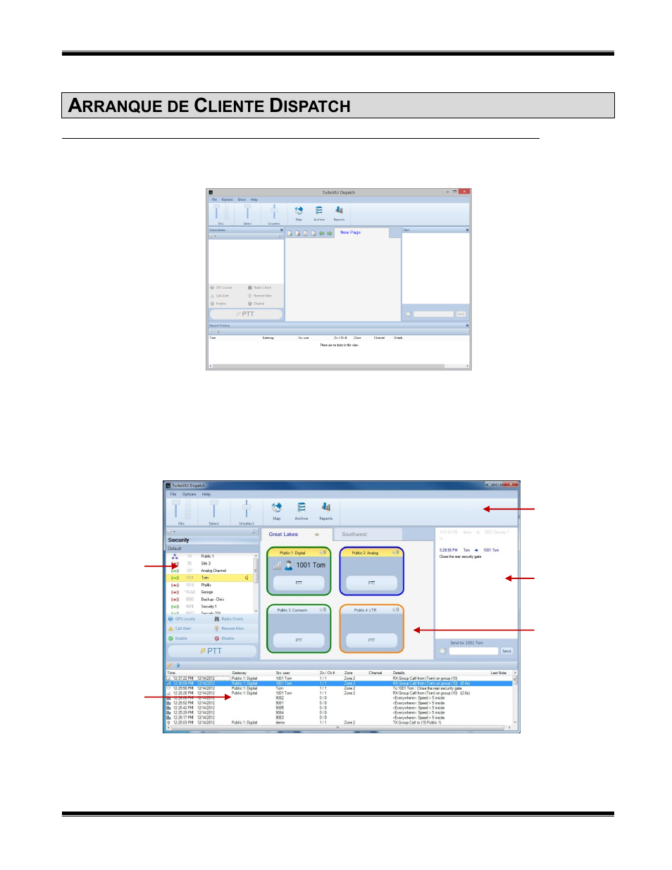 Arranque de cliente dispatch, Arranque el software de cliente turbovui dispatch, Paneles | Rranque el, Oftware de, Liente, Urbo, Ispatch | CTI Products TurboVUi Dispatch Client Software User Manual | Page 13 / 50
