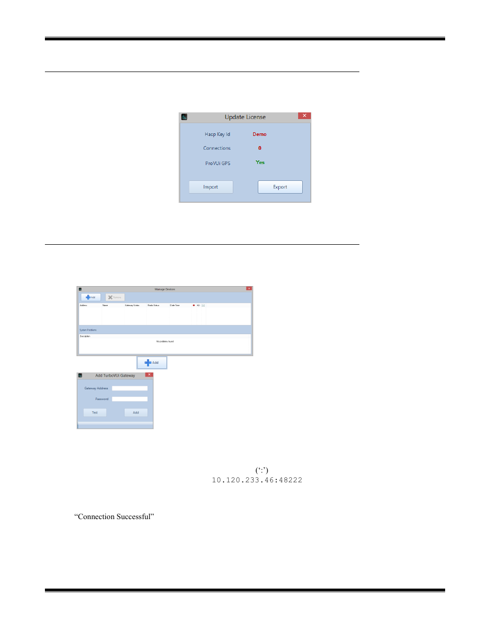 Importe el archivo de licencia, Administre los dispositivos, Mporte el | Rchivo de, Icencia, Dministre los, Ispositivos | CTI Products TurboVUi Dispatch Client Software User Manual | Page 15 / 50