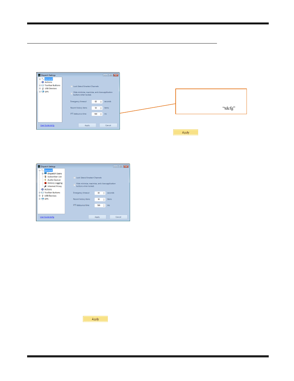 Configurando dispatch, Título general, Recent history items (historia reciente) | Ptt debounce time, Onfigurando, Ispatch | CTI Products TurboVUi Dispatch Client Software User Manual | Page 20 / 50
