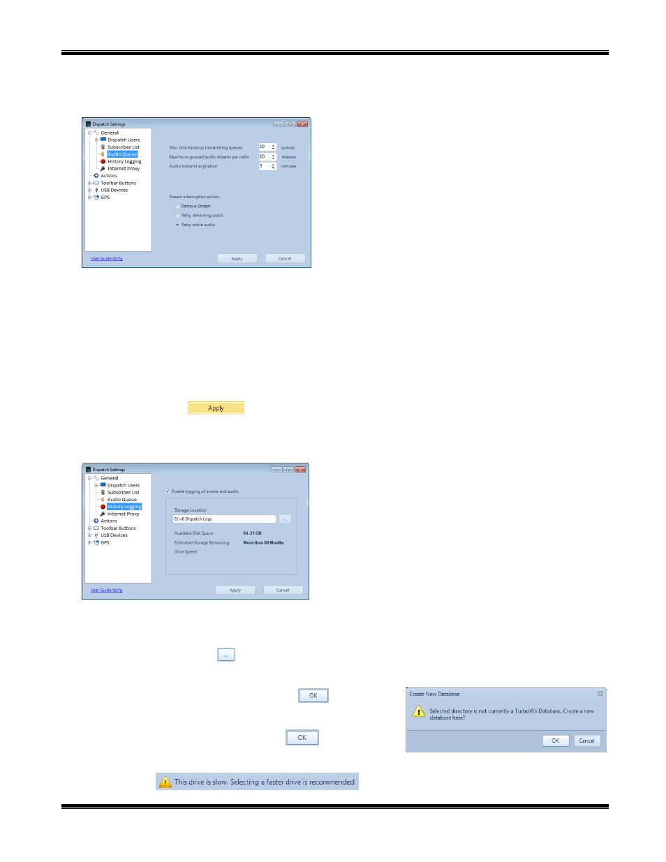 Max simultaneous transmitting queues, Max queued audio streams per radio, Audio transmit expiration | Stream interruption action, Sub-título history logging, Enable logging of events and audio, Storage location | CTI Products TurboVUi Dispatch Client Software User Manual | Page 22 / 50