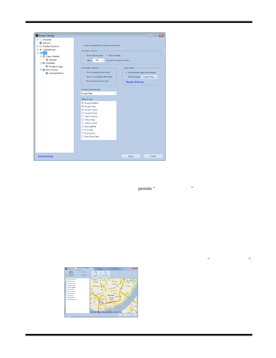 Snap-to-road routes (puntos-sobre-camino), Show trail crumbs, Show routes | Keep . . . minutes of location history, Subscriber visibility, Map mode | CTI Products TurboVUi Dispatch Client Software User Manual | Page 27 / 50