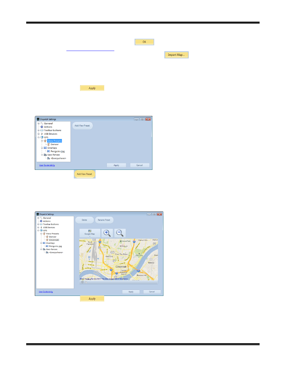 Initially selected map, Maps to use, Sub-título view presets | CTI Products TurboVUi Dispatch Client Software User Manual | Page 28 / 50