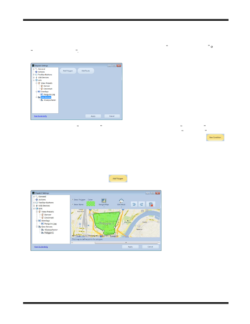 Sub-título geo-fences, Tipos de geo-cerca, Geo-cerca polígono | Mover y zoom (acercamiento), Show polygon (mostrar polígono), Show name (mostrar el nombre) | CTI Products TurboVUi Dispatch Client Software User Manual | Page 30 / 50