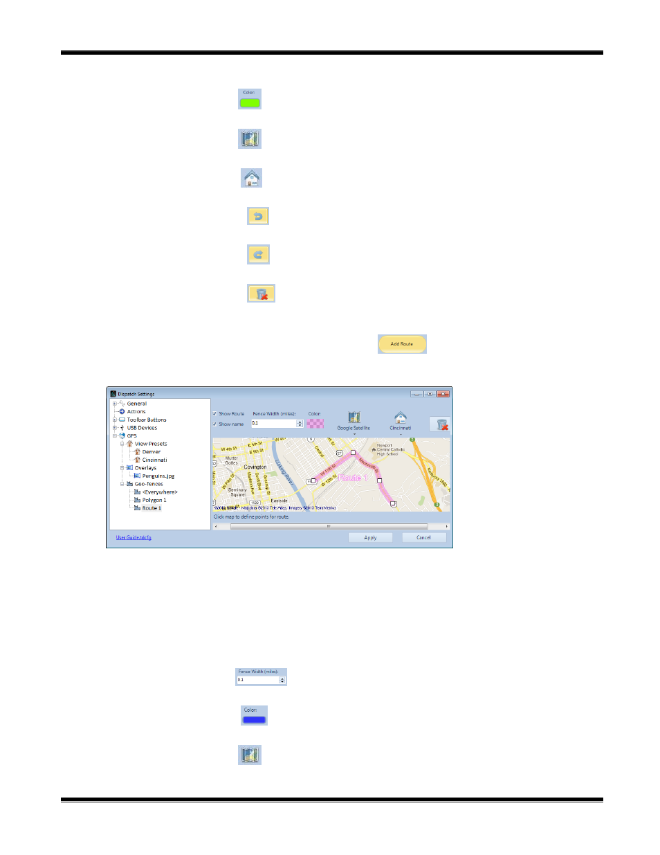 Color, Tipo de mapa, View preset (vista predeterminada) | Undo (des-hacer), Redo (re-hacer), Remove all points (borrar todos los puntos), Route geo-fence (geo-cerca de ruta), Mover y zoom, Show route (mostrar ruta), Show name (mostrar el nombre) | CTI Products TurboVUi Dispatch Client Software User Manual | Page 31 / 50