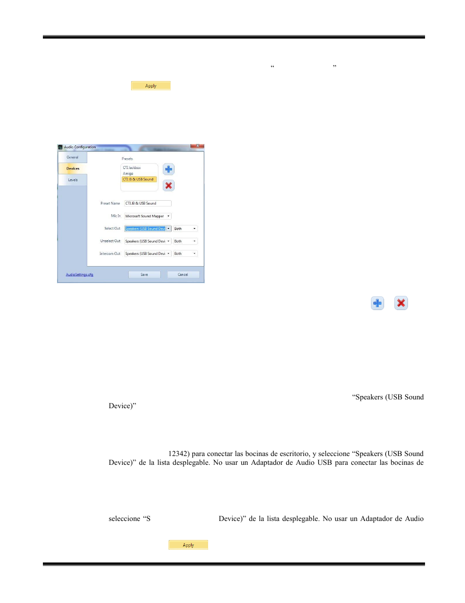 Pestaña devices, Presets (predeterminados), Preset name (nombre predeterminado) | Mic in (micrófono), Select out, Unselect out, Intercom out | CTI Products TurboVUi Dispatch Client Software User Manual | Page 34 / 50