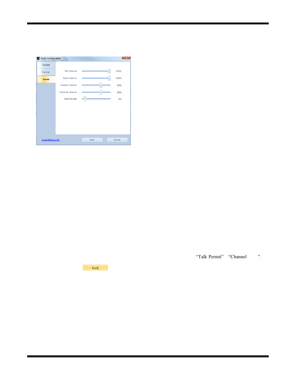 Pestaña levels (niveles), Mic volume (volumen del micrófono), Select volume | Unselect volume, Intercom volume, Alert sounds (sonidos de alerta) | CTI Products TurboVUi Dispatch Client Software User Manual | Page 35 / 50