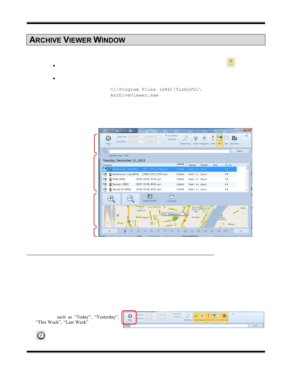 Archive viewer window, Earch, Ilters | Quick filter bar, Rchive, Iewer, Indow, Turbovui dispatch user guide | CTI Products TurboVUi Dispatch Client Software User Manual | Page 24 / 32