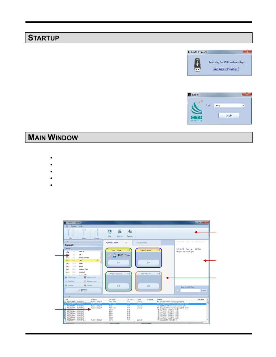 Startup, Main window, Tartup | Indow, Turbovui dispatch user guide | CTI Products TurboVUi Dispatch Client Software User Manual | Page 5 / 32