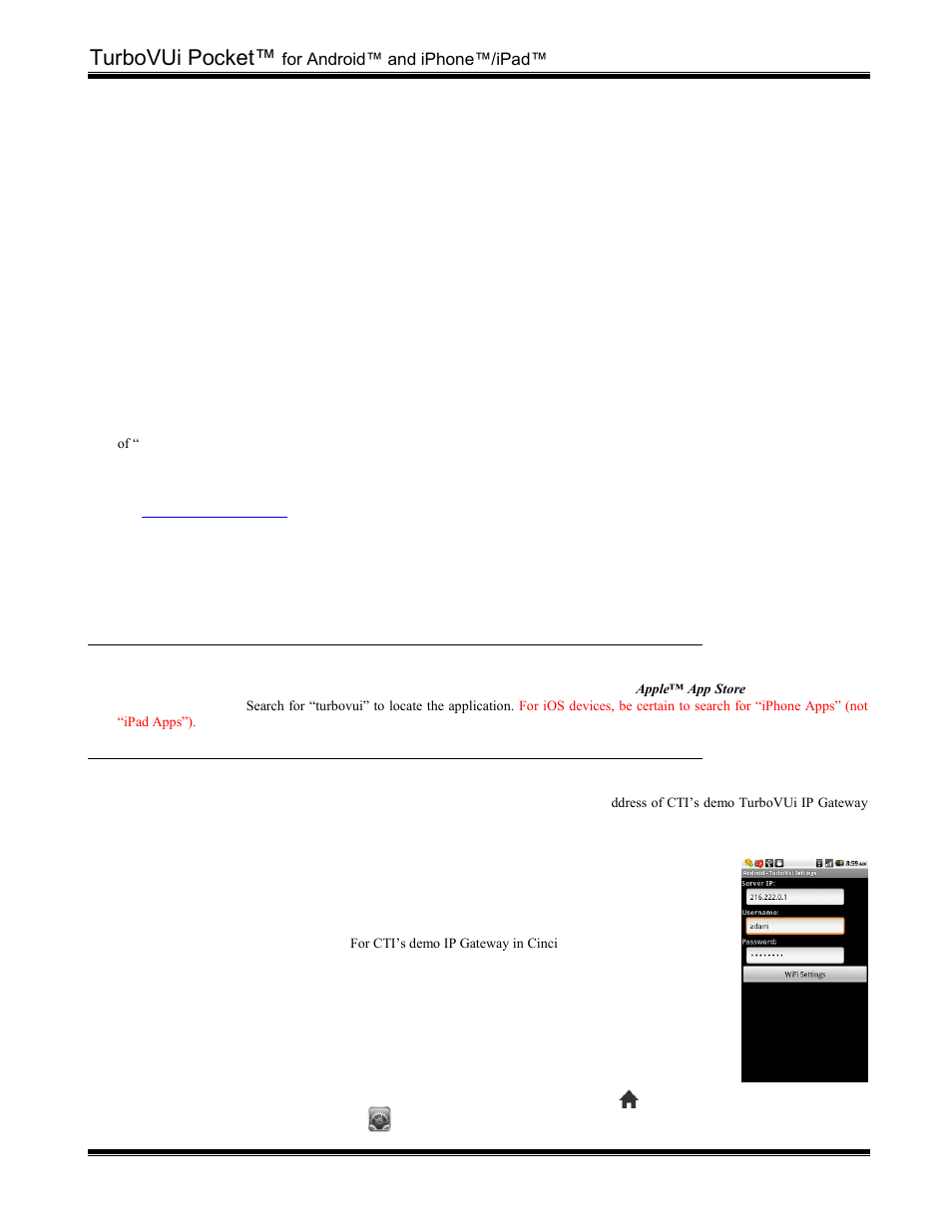 Device compatibility, Android phone and tablet, Iphone and ipad | Turbovui ip gateway, Port forwarding, Licensing, Download the turbovui pocket app, Connect to a turbovui ip gateway, Turbovui pocket, Quick-start guide | CTI Products TurboVUi Pocket and PTT Mobile Apps User Manual | Page 2 / 4