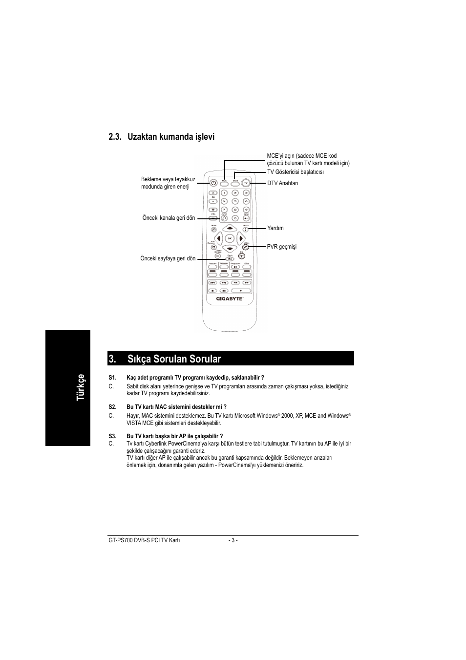 Sıkça sorulan sorular, Türkçe, Uzaktan kumanda işlevi | GIGABYTE GT-PS700 User Manual | Page 10 / 25