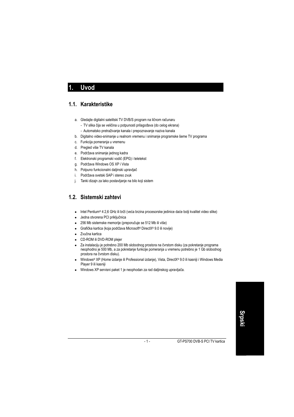 Uvod, Sr ps ki, Karakteristike | Sistemski zahtevi | GIGABYTE GT-PS700 User Manual | Page 11 / 25