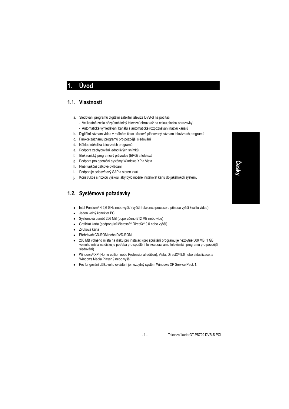 Úvod, Č es ky, Vlastnosti | Systémové požadavky | GIGABYTE GT-PS700 User Manual | Page 17 / 25