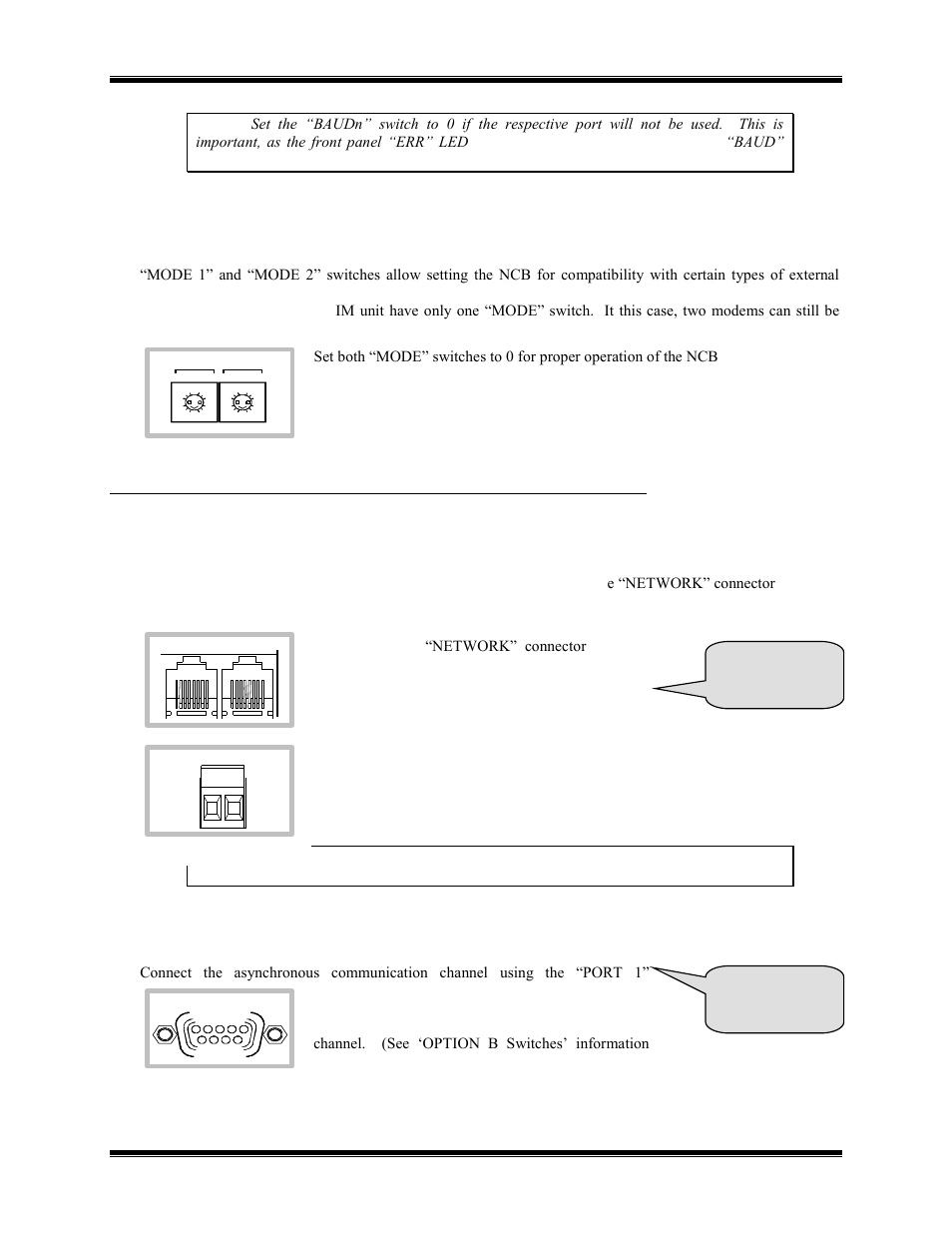 Mode switches, Lonworks network connection, Asynchronous channel connection | Lectrical, Onnections, The local l | CTI Products NCB/AY with Serial Interface User Manual | Page 17 / 54