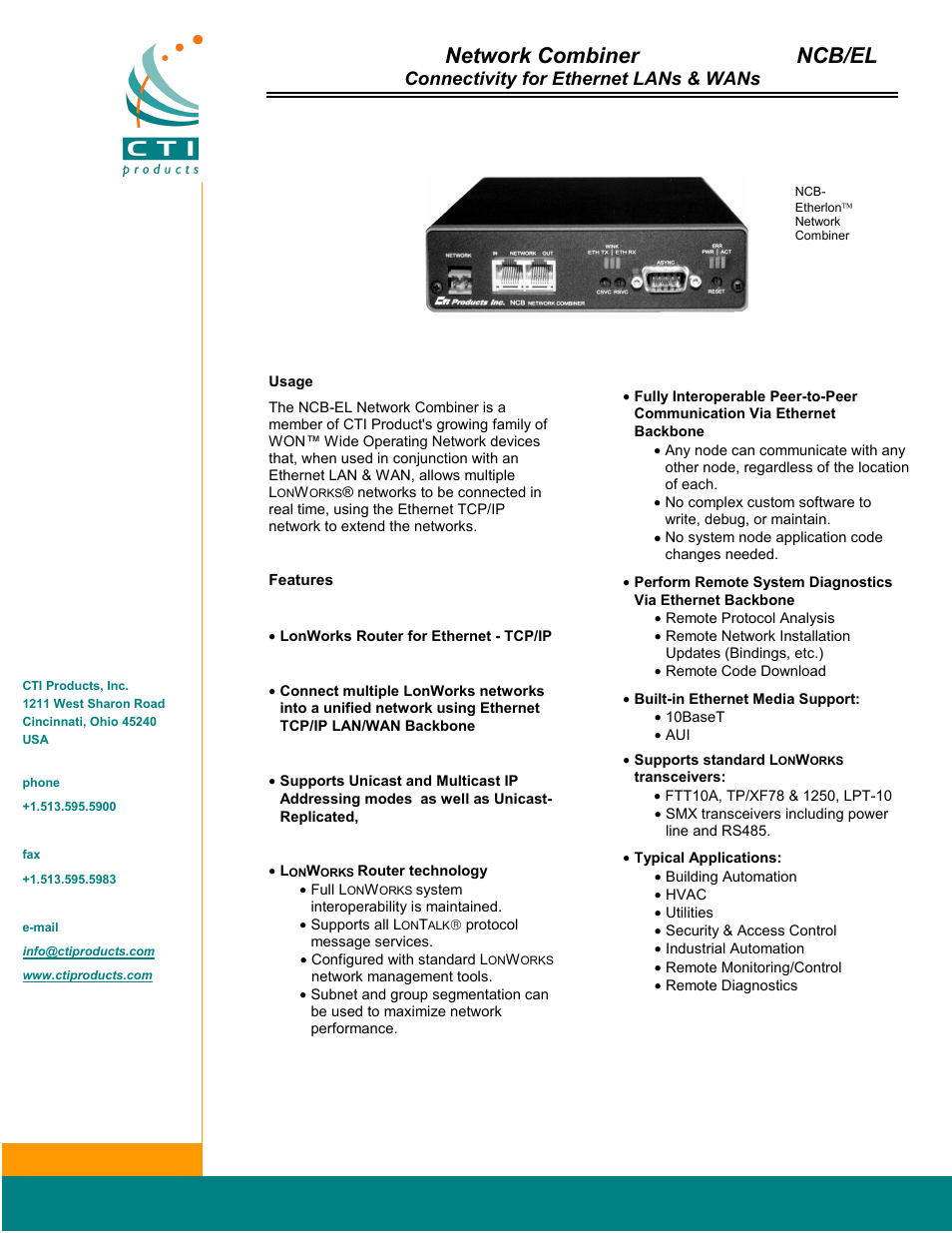 CTI Products NCB/EL with Ethernet Interface User Manual | 2 pages