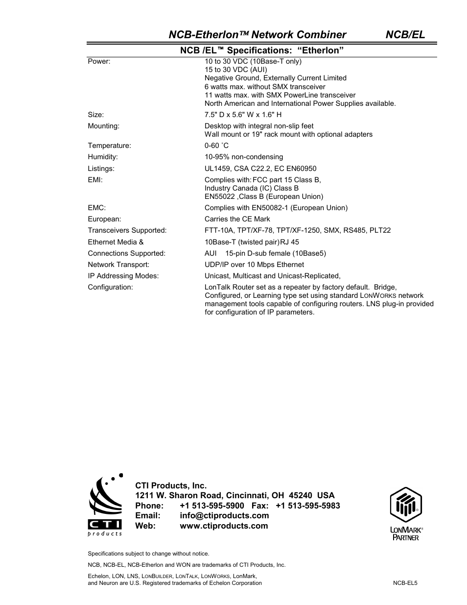 Ncb-etherlon, Network combiner ncb/el, Ncb /el ! ! ! ! specifications: “etherlon | CTI Products NCB/EL with Ethernet Interface User Manual | Page 2 / 2