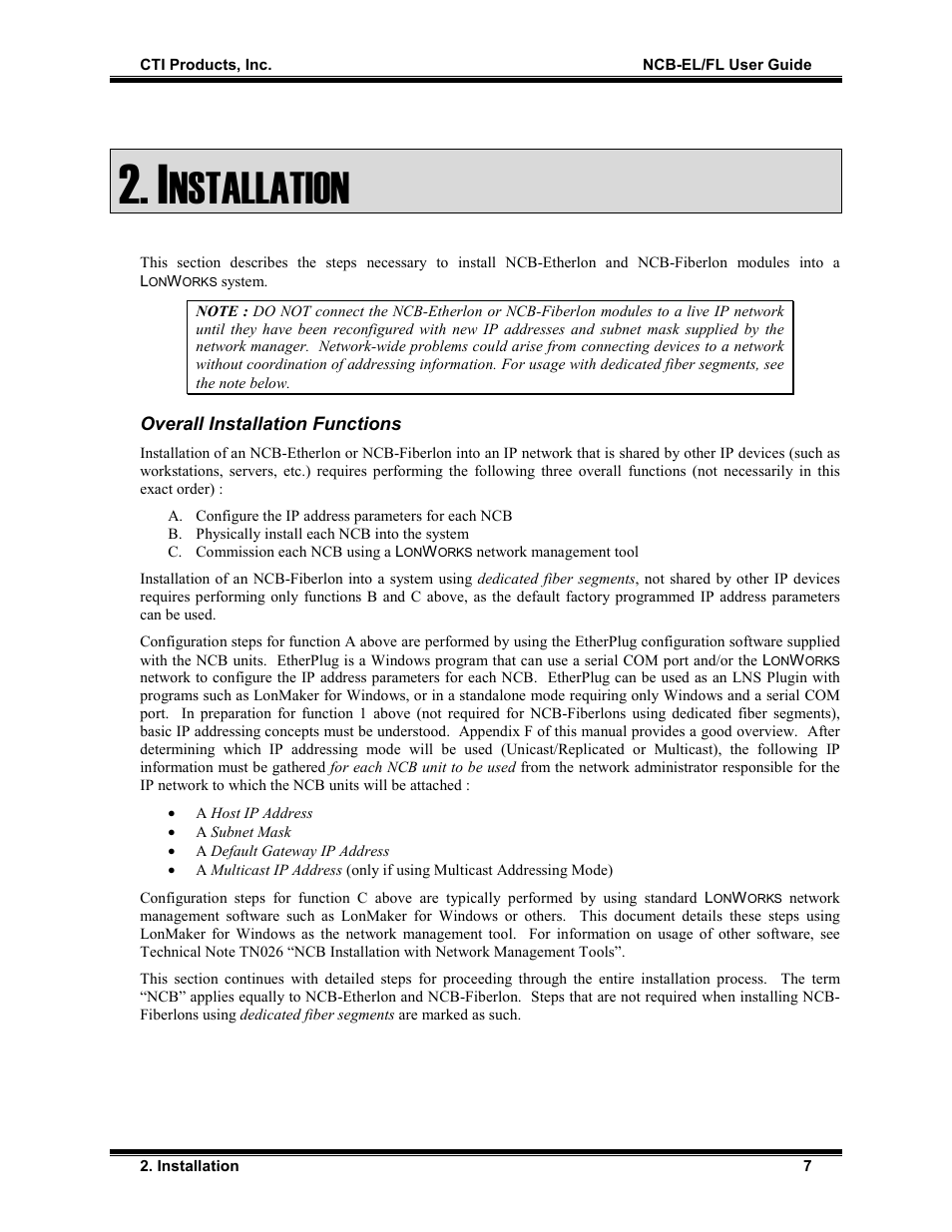 Installation, Overall installation functions, Nstallation | CTI Products NCB/FL with Fiber Interface User Manual | Page 10 / 40