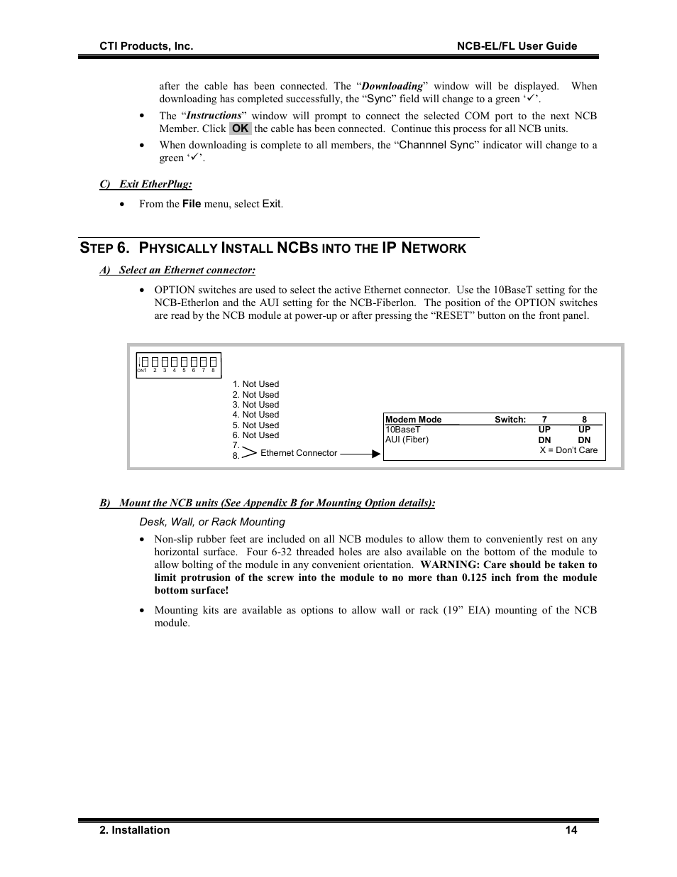 C) exit etherplug, A) select an ethernet connector, Desk, wall, or rack mounting | Ip n | CTI Products NCB/FL with Fiber Interface User Manual | Page 17 / 40