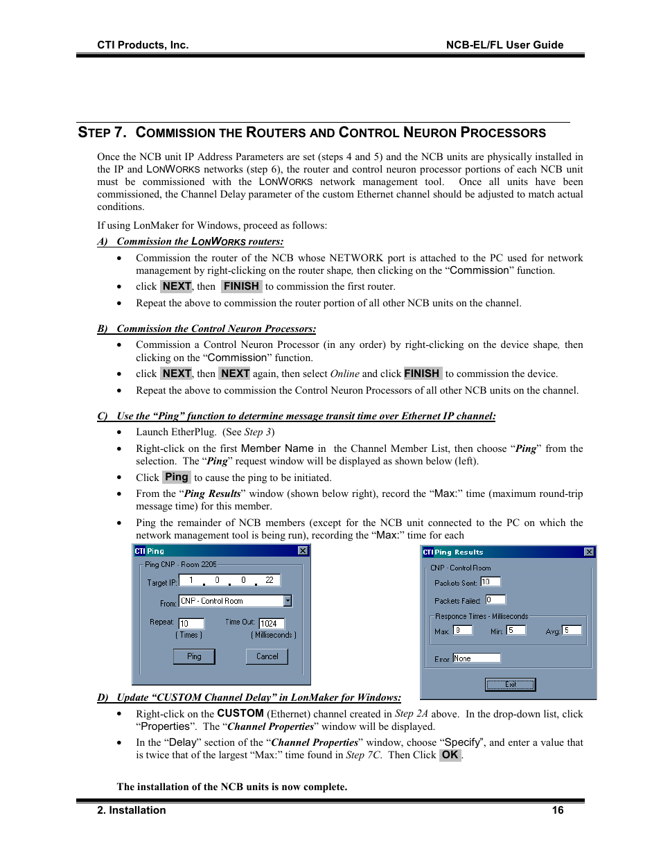 A) commission the lonworks routers, Commission the control neuron processors | CTI Products NCB/FL with Fiber Interface User Manual | Page 19 / 40