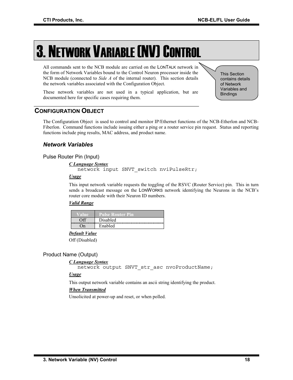 Network variable (nv) control, Configuration object, Network variables | Pulse router pin (input), Product name (output), Nv) c, Etwork, Ariable, Ontrol | CTI Products NCB/FL with Fiber Interface User Manual | Page 21 / 40