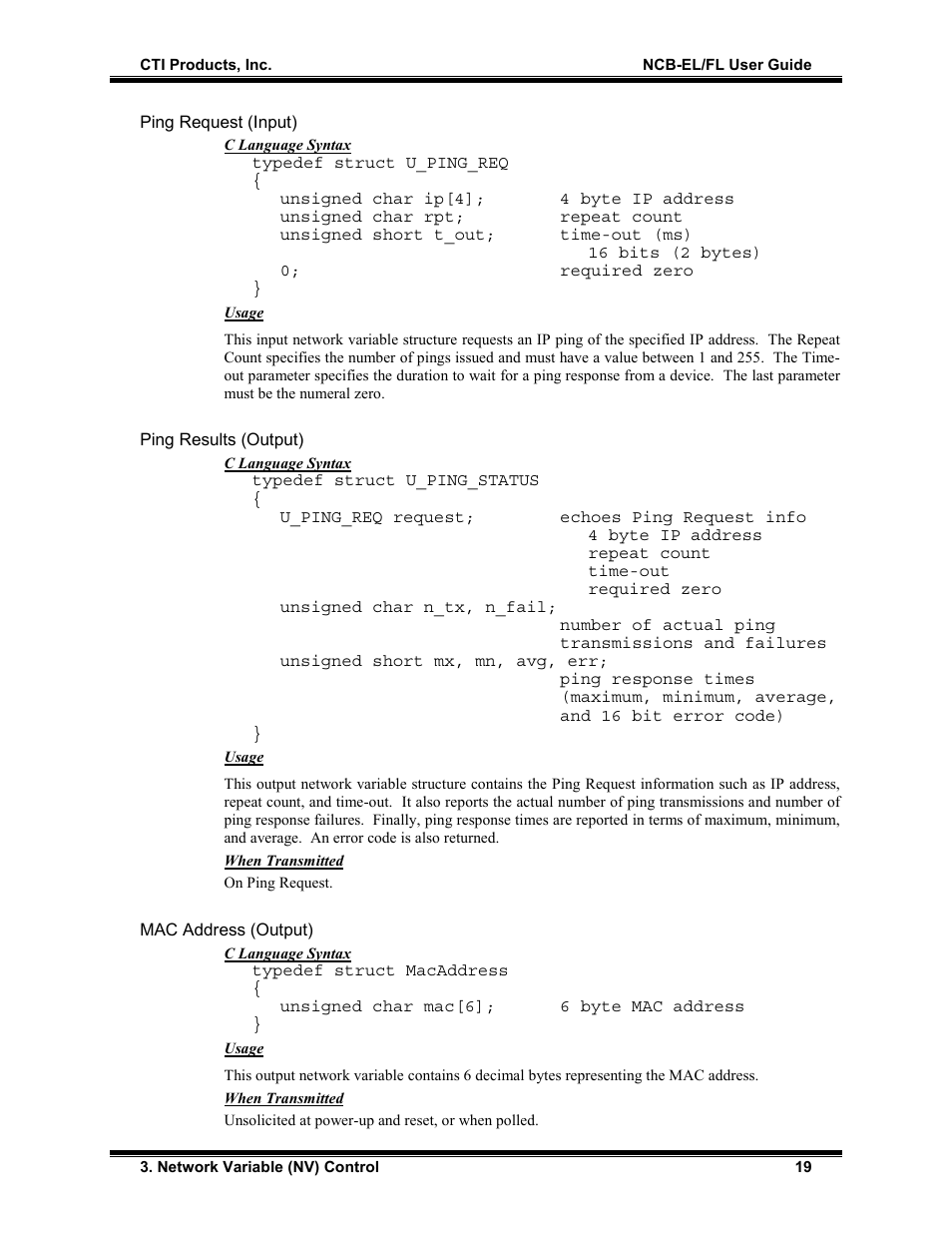 Ping request (input), Ping results (output), Mac address (output) | CTI Products NCB/FL with Fiber Interface User Manual | Page 22 / 40