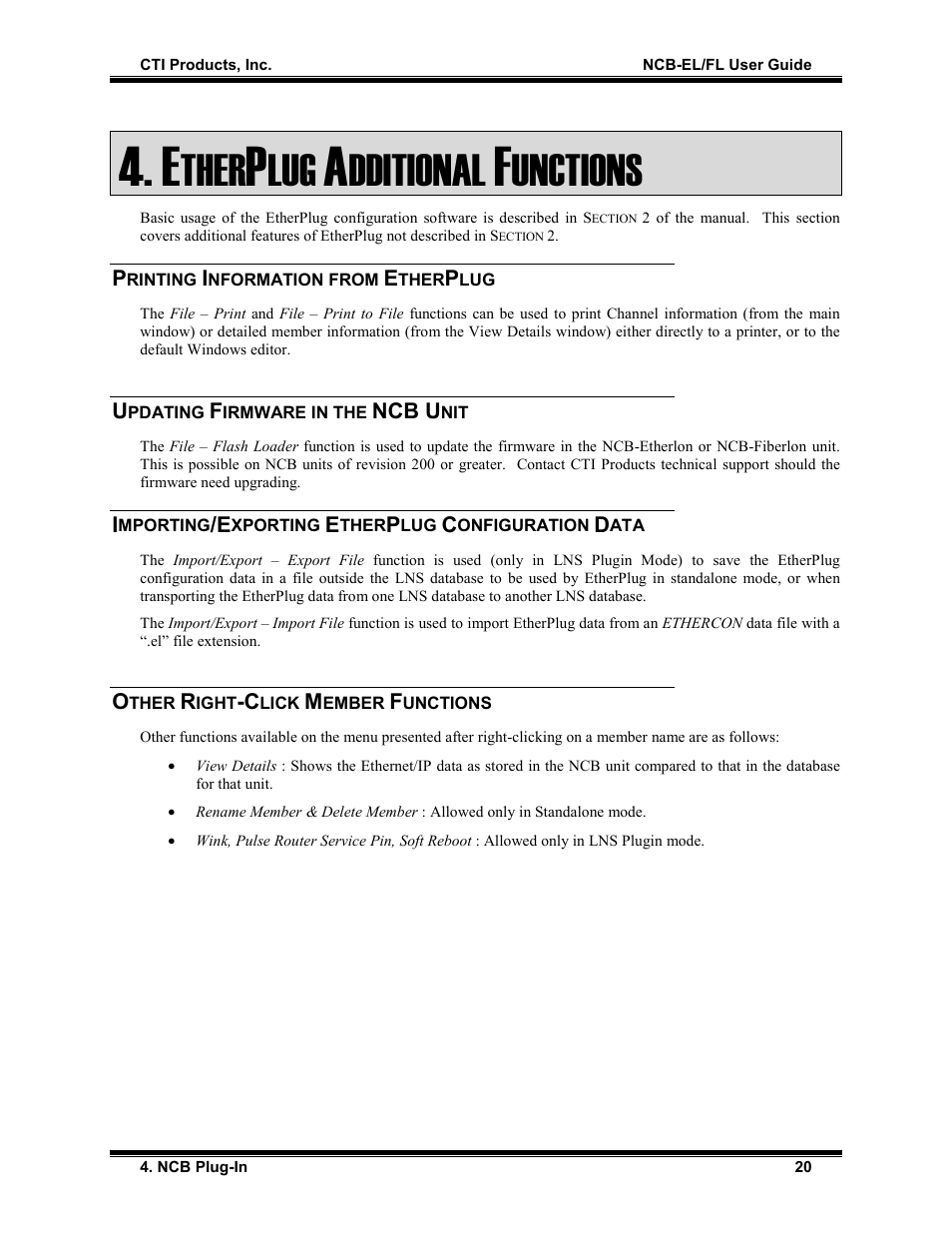 Etherplug additional functions, Printing information from etherplug, Updating firmware in the ncb unit | Importing/exporting etherplug configuration data, Other right-click member functions, Ther, Dditional, Unctions | CTI Products NCB/FL with Fiber Interface User Manual | Page 23 / 40