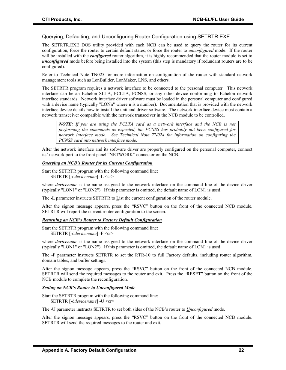 Setting an ncb’s router to unconfigured mode | CTI Products NCB/FL with Fiber Interface User Manual | Page 25 / 40