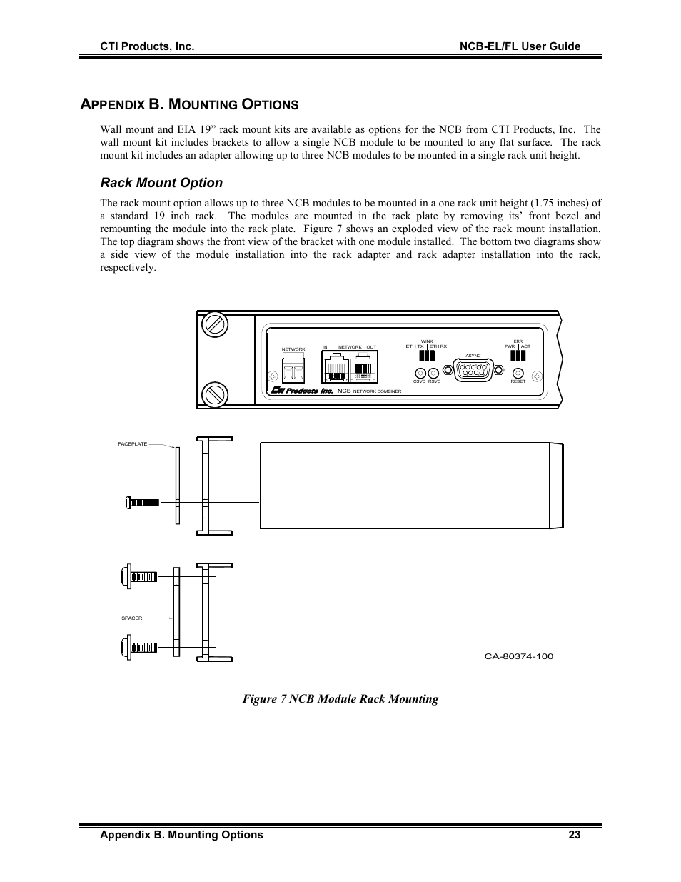 Appendix b. mounting options, Rack mount option, B. m | Ppendix, Ounting, Ptions, Figure 7 ncb module rack mounting | CTI Products NCB/FL with Fiber Interface User Manual | Page 26 / 40