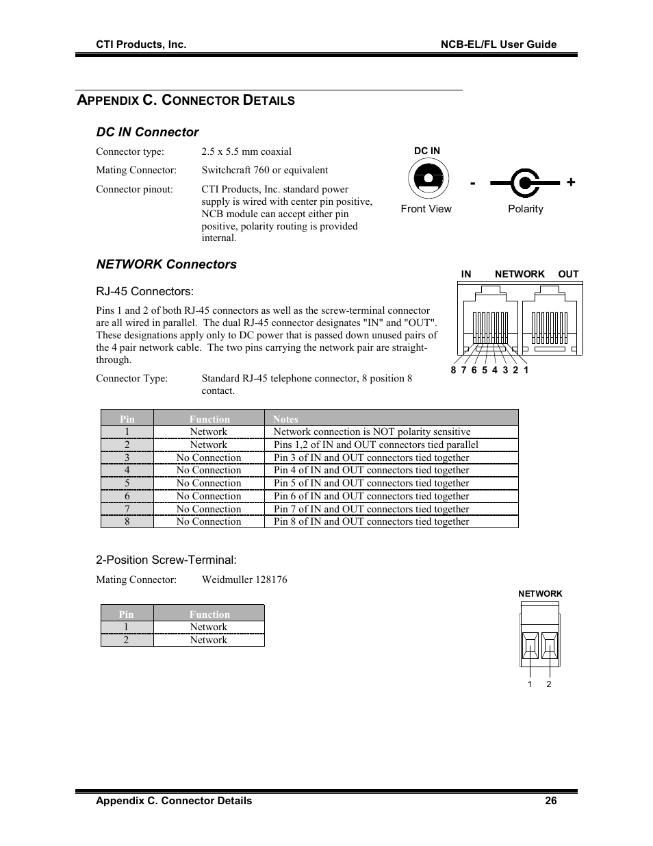 Appendix c. connector details, Dc in connector, Network connectors | Rj-45 connectors, Position screw-terminal, C. c | CTI Products NCB/FL with Fiber Interface User Manual | Page 29 / 40