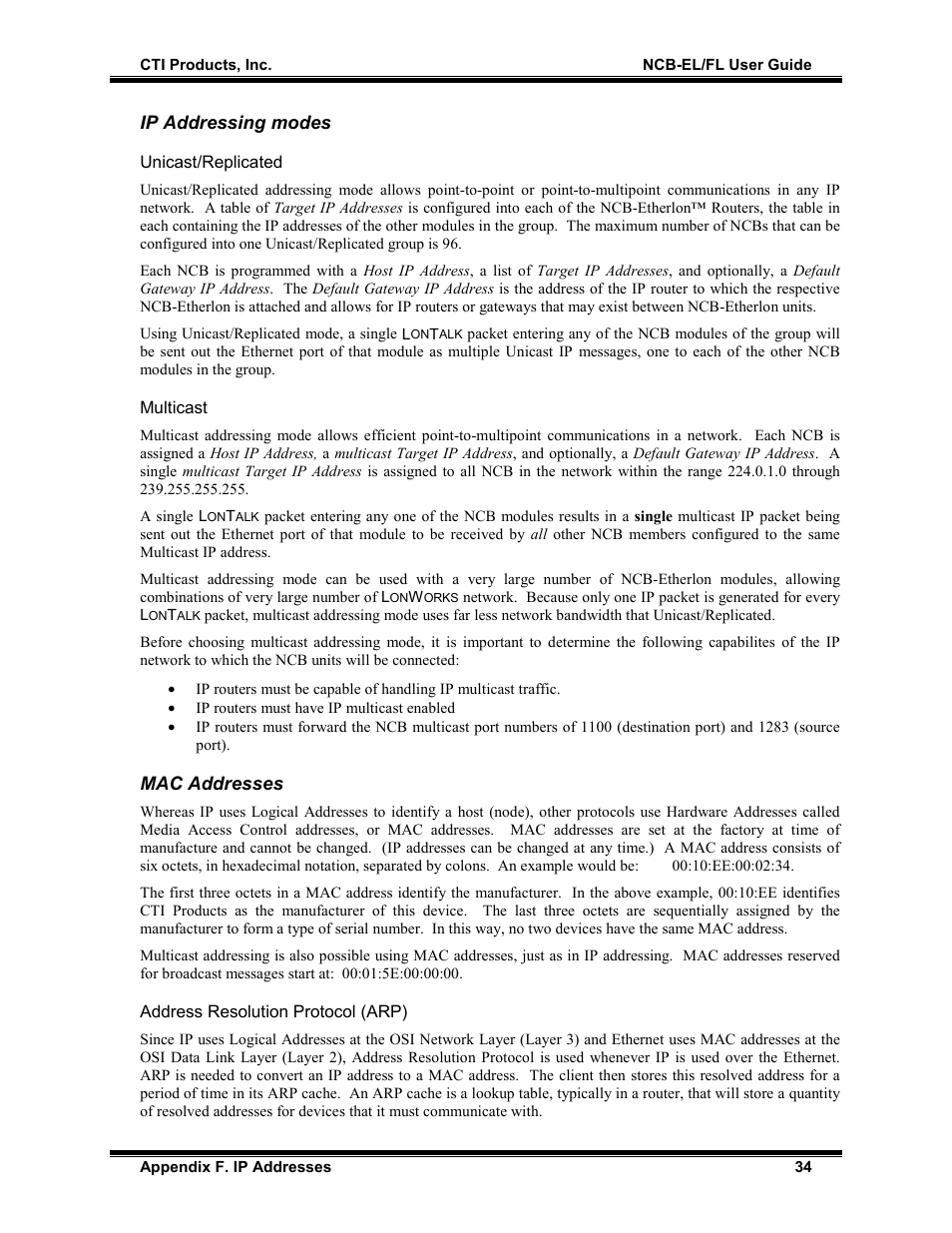 Ip addressing modes, Unicast/replicated, Multicast | Mac addresses, Address resolution protocol (arp) | CTI Products NCB/FL with Fiber Interface User Manual | Page 37 / 40