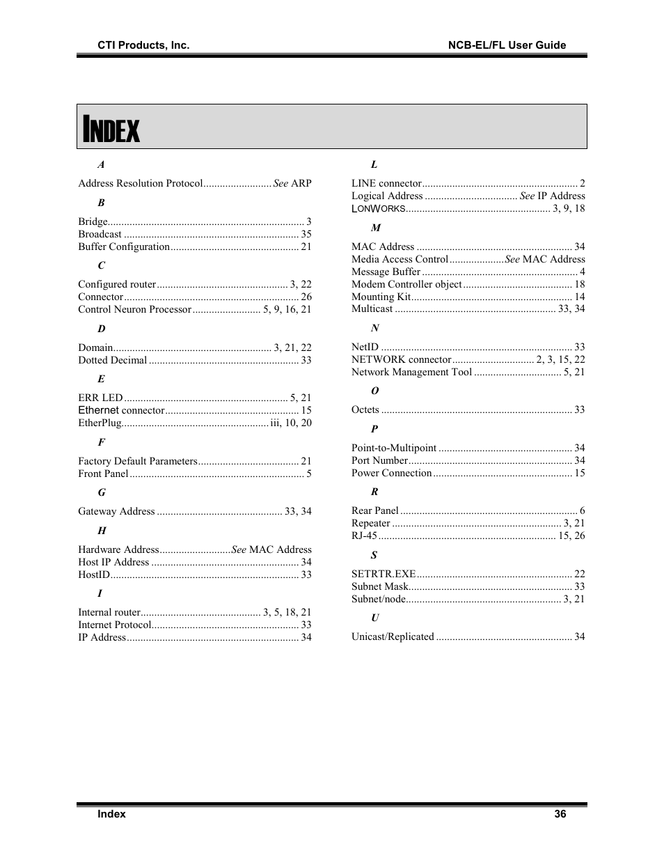 Index, Ndex | CTI Products NCB/FL with Fiber Interface User Manual | Page 39 / 40