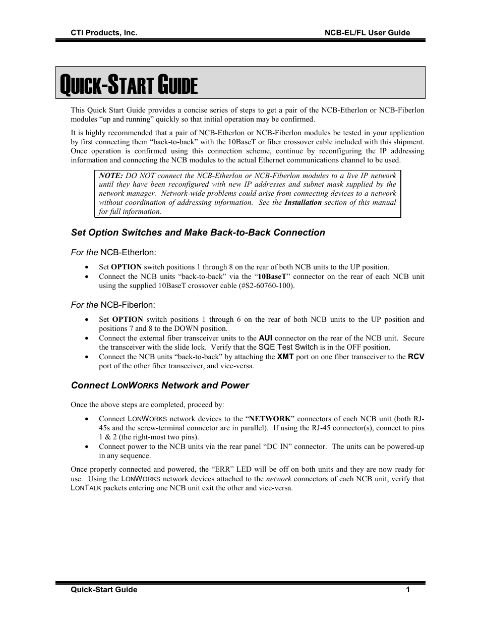 Quick-start guide, For the ncb-etherlon, For the ncb-fiberlon | Connect lonworks network and power, Uick, Tart, Uide | CTI Products NCB/FL with Fiber Interface User Manual | Page 4 / 40