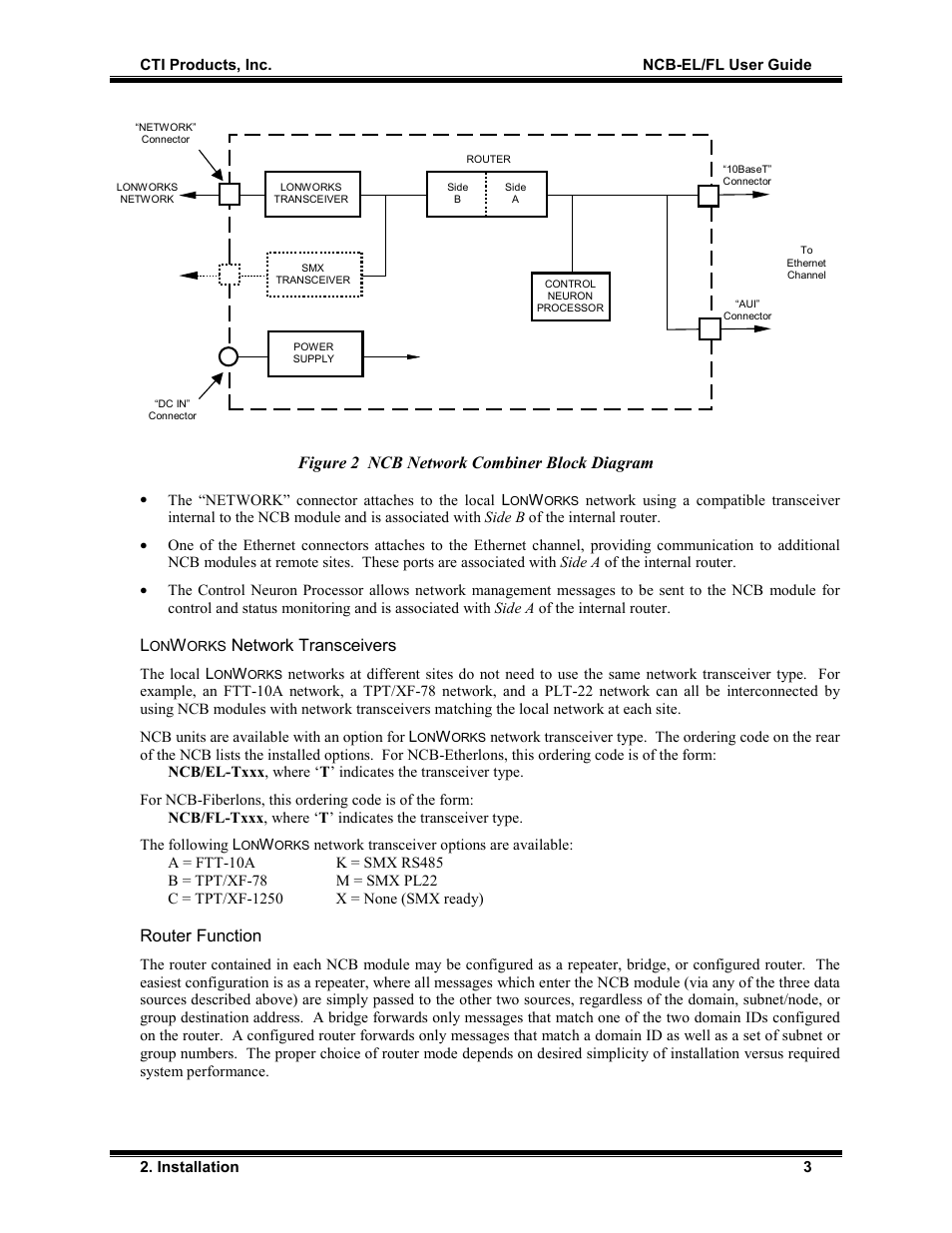 Lonworks network transceivers, Router function, Figure 2 ncb network combiner block diagram | Network transceivers | CTI Products NCB/FL with Fiber Interface User Manual | Page 6 / 40