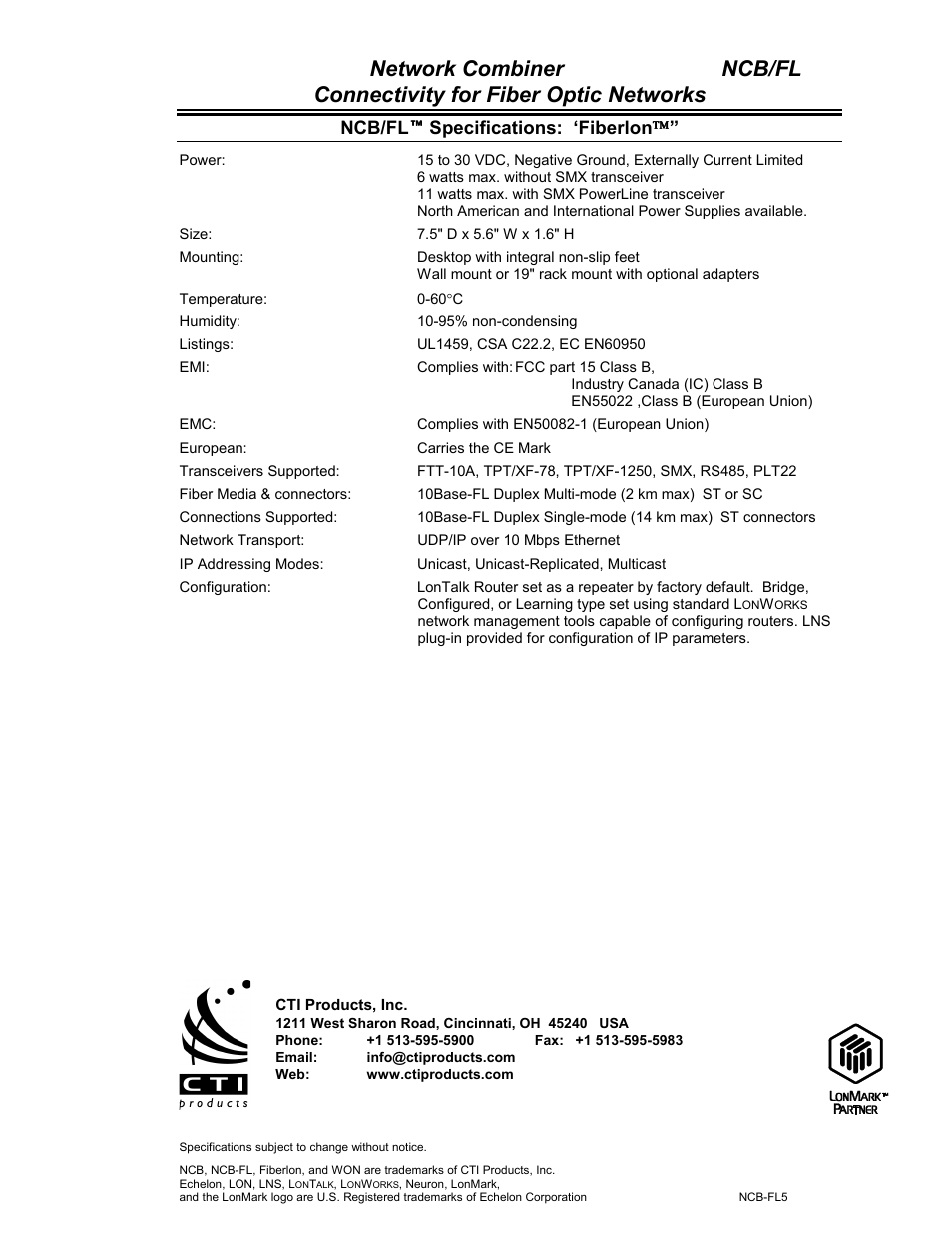 Ncb/fl ! ! ! ! specifications: ‘fiberlon | CTI Products NCB/FL with Fiber Interface User Manual | Page 2 / 2