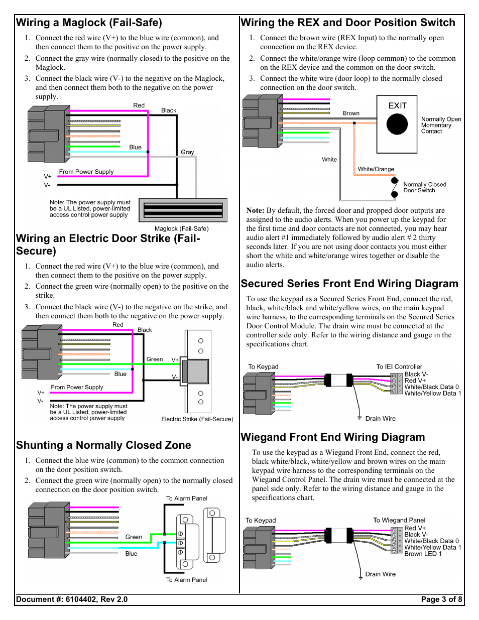 Wiring a maglock (fail-safe), Wiring an electric door strike (fail- secure), Shunting a normally closed zone | Wiring the rex and door position switch, Secured series front end wiring diagram, Wiegand front end wiring diagram | Controlled Products Systems Group 2000E User Manual | Page 3 / 8