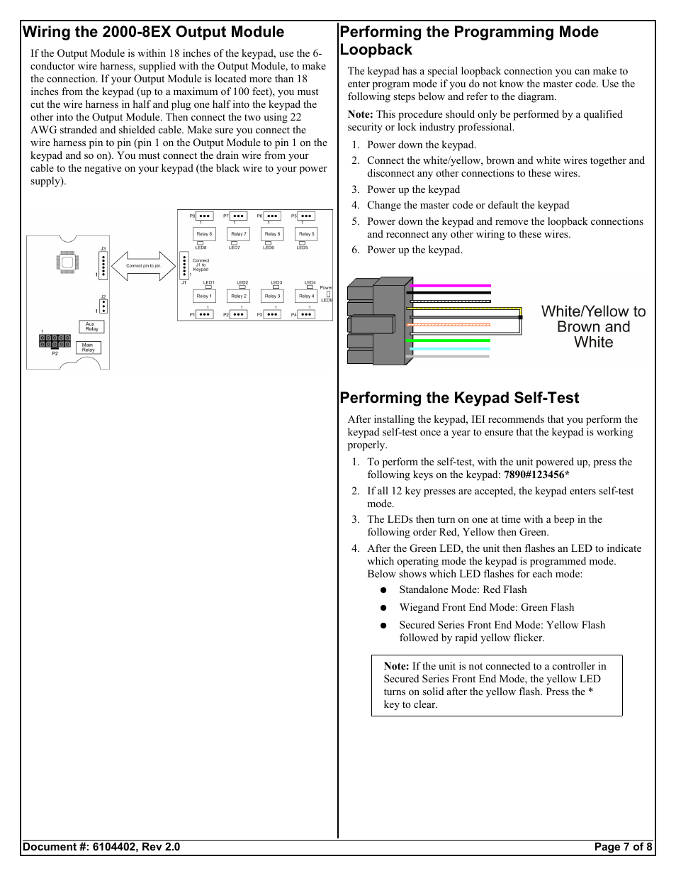 Performing the programming mode loopback, Performing the keypad self-test | Controlled Products Systems Group 2000E User Manual | Page 7 / 8