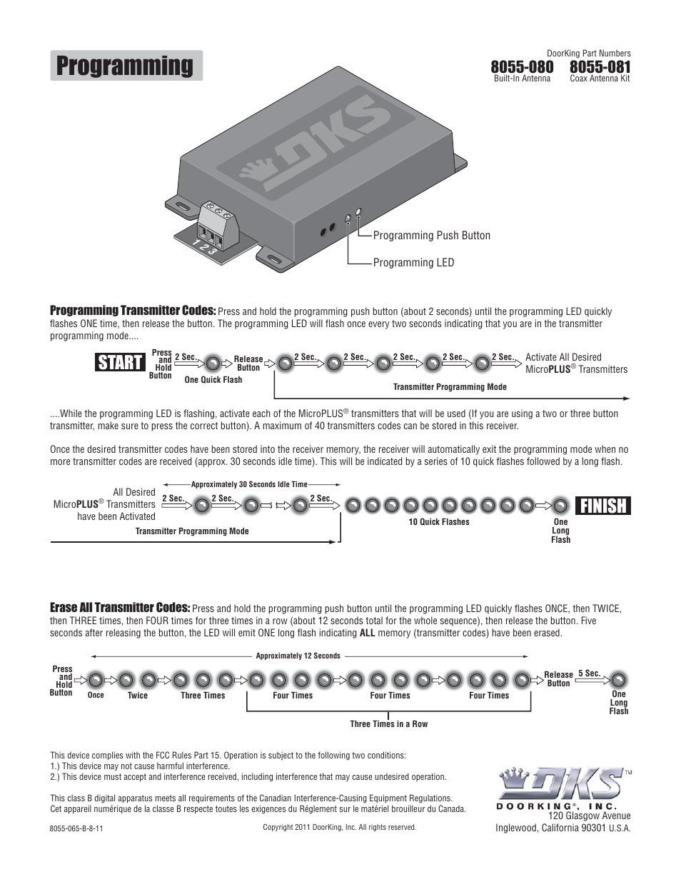 Programming, Finish start, Programming transmitter codes | Erase all transmitter codes | Controlled Products Systems Group 8055-081 User Manual | Page 2 / 2
