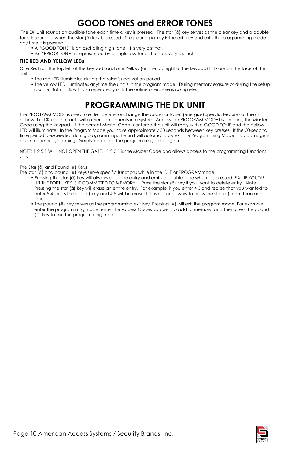 Good tones and error tones, Programming the dk unit | Controlled Products Systems Group ADV-1000 User Manual | Page 10 / 20